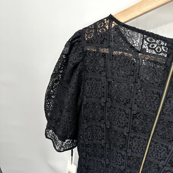 CALVIN KLEIN NWT Black Puff Sleeve Tiered Hem Lace  Dress // 8 - Picture 9 of 14
